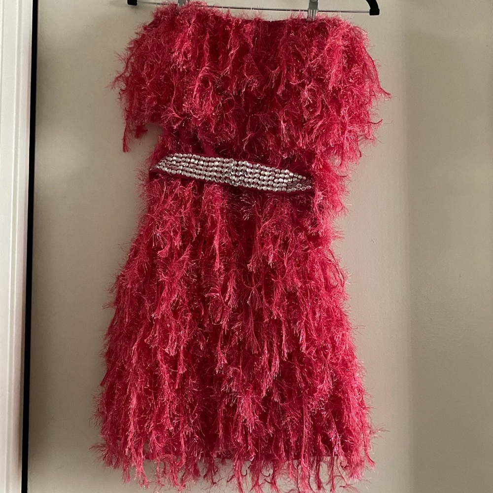 ASOS fluffy dress with silver rhinestone belt